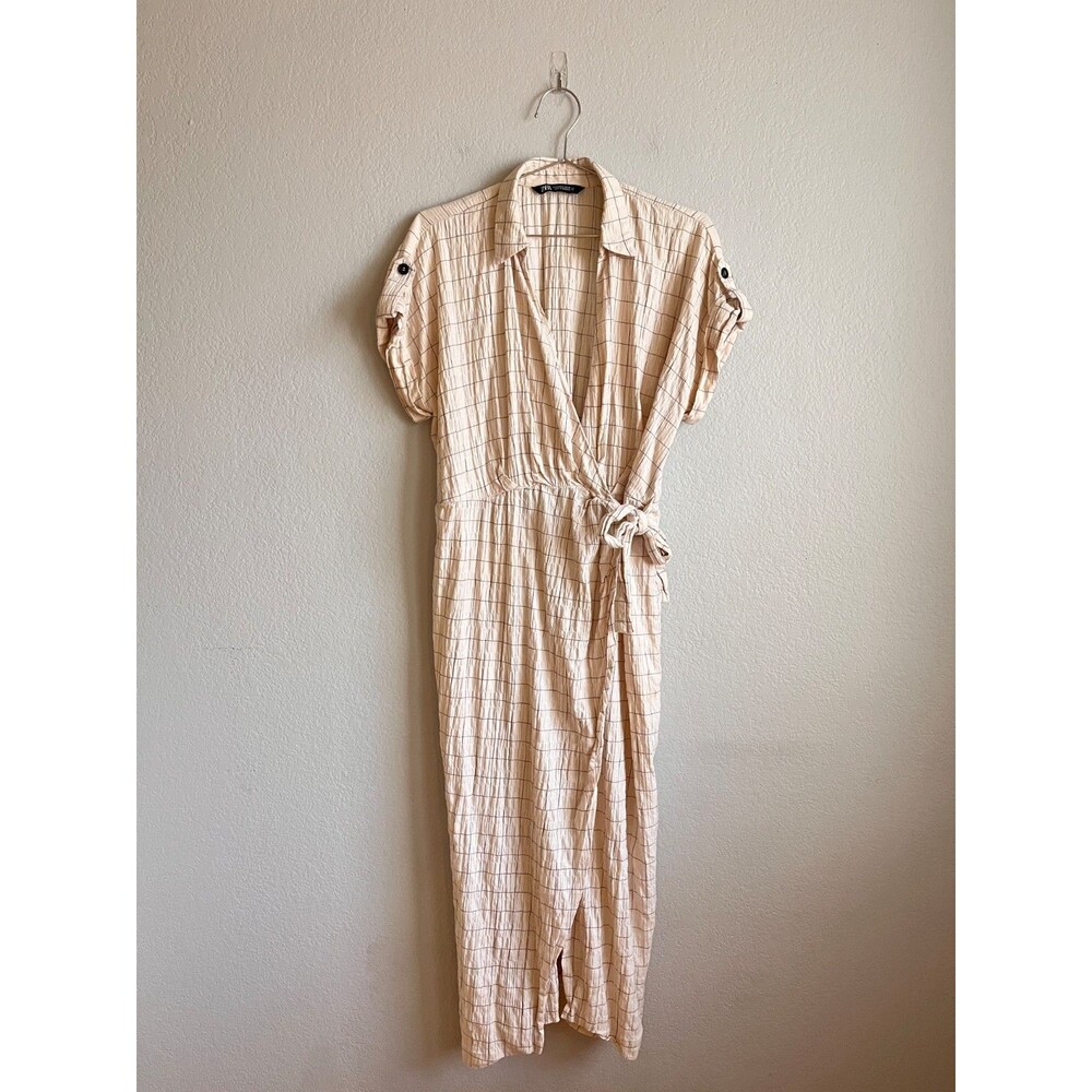 Zara Windowpane Cotton Tie Waist Midi Shirt Dress in Cream Size MEDIUM